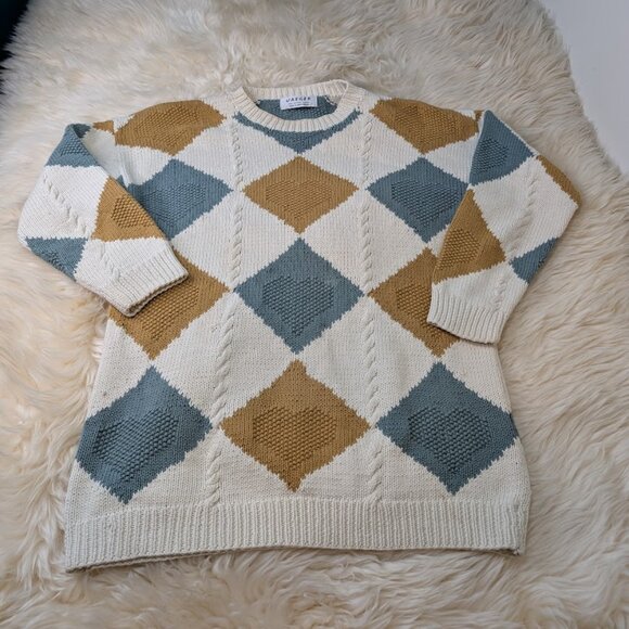 Jaeger Cotton Knit Geometric Made in Great Britain Sweater Size Large - Picture 1 of 11